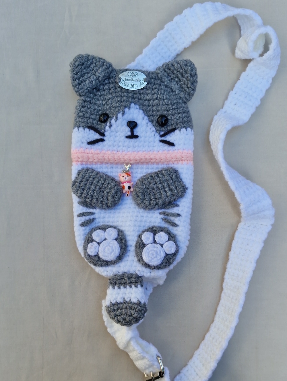 Unisex Grey & White Cat Crossbody Pouch with Pink Accent Handmade